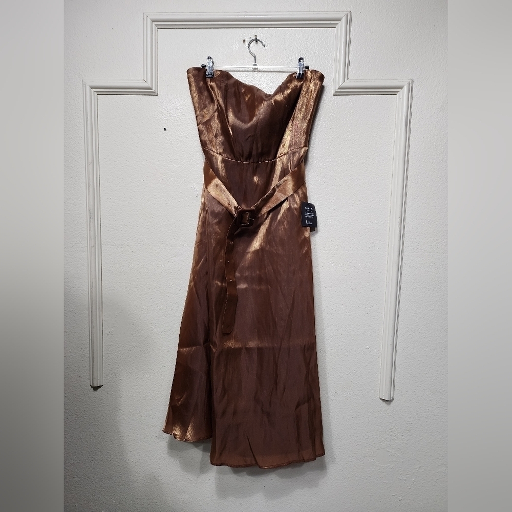 Lulus Chicly Stunning Shiny Brown Strapless Belted Midi Dress XL Wedding Party - Picture 6 of 9